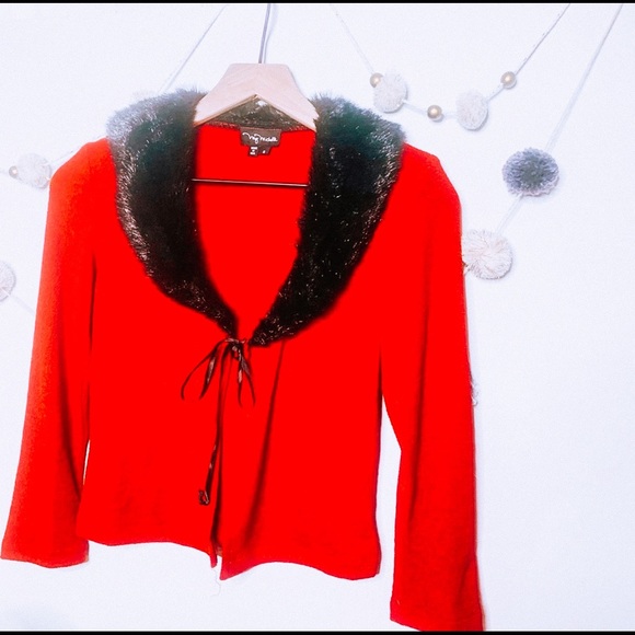 Vintage Sweaters - VINTAGE y2k red faux fur holiday crop cardigan